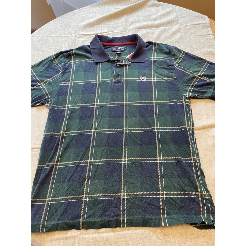 CHAPS Ralph Lauren Plaid Polo‎ Shirt Men's Size L Green Navy Classic Fit Cotton